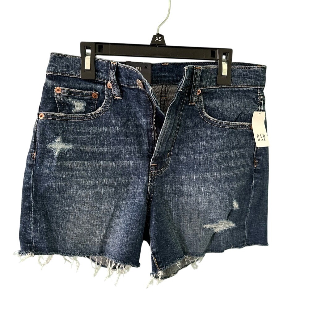 Gap Denim Shorts 26 2R Dark Indigo High Rise 4 Inch Distressed Raw Hem Cut Off